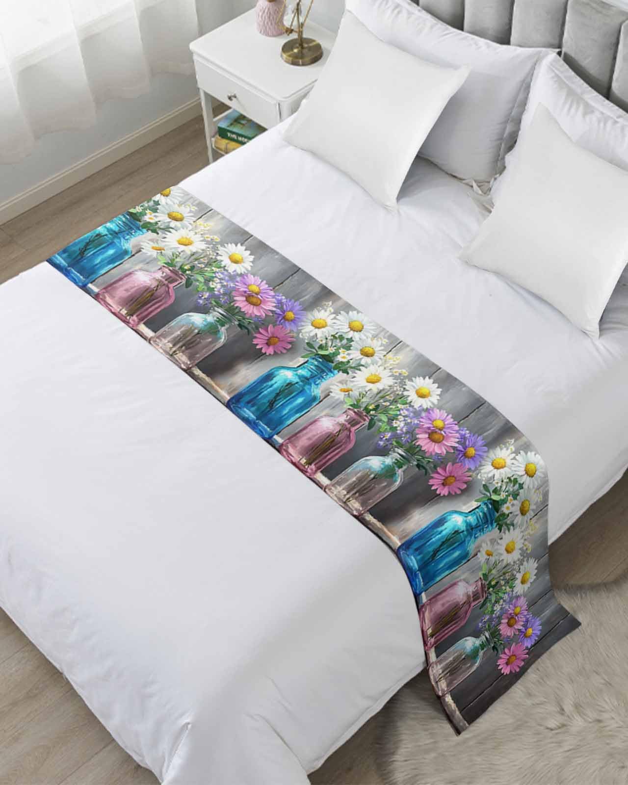 DecorLovee Spring Floral Bed Runners for King Size Bed, Decorative Bed Throws for Foot of Bed, White Daisy Vintage Flowers Wooden Bed Runner Sofa Throw Bedding Scarf Protector Slipcover for Bedroom