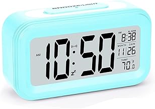 Digital Alarm Clock for Bedroom, Upgraded Style LCD Alarm Clocks Battery Operated, Smart Night Light, Snooze, Indoor Temperature, Small Desk Alarm Clocks for Kids Boys Girls (Blue)