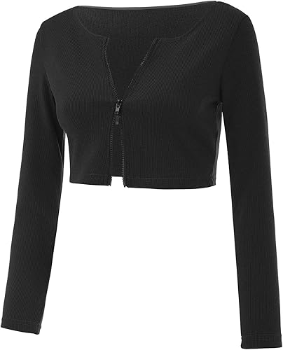 Miniatura 5 de Long Sleeve Crop Tops for Women Boat Neck Slim Full Zip Up Fitted Kintted Plain Fall Tshirts Tee Bottoming Rib Knit Spring