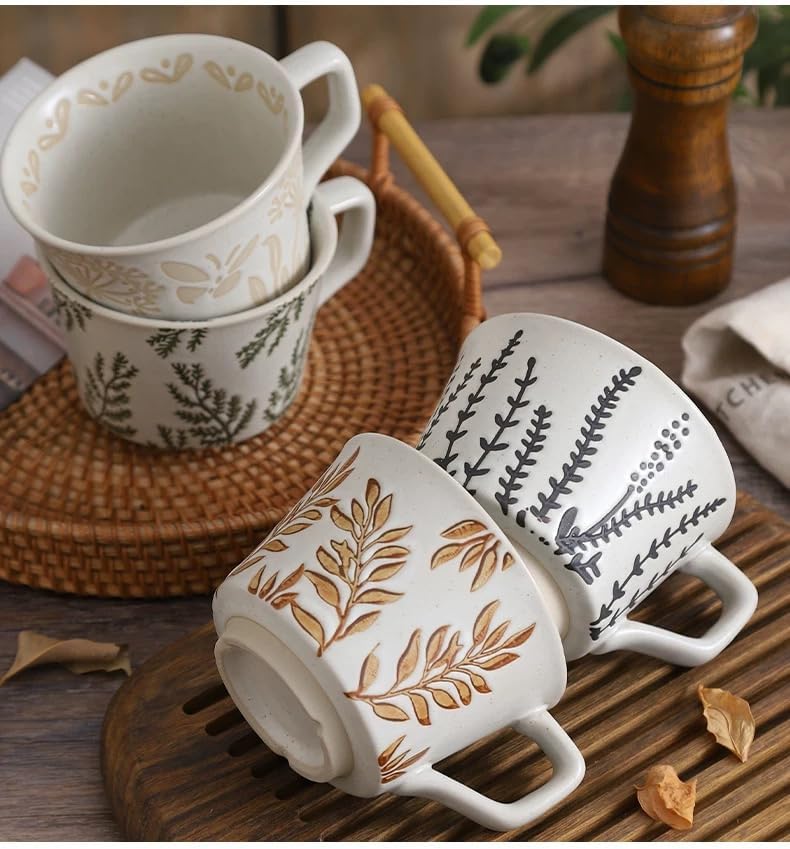Miniatura 6 de Juego de 4 tazas de cerámica con cuchara de café, 11 onzas, taza de café vintage, tazas de cerámica para café, leche, café con leche, té capuchino,