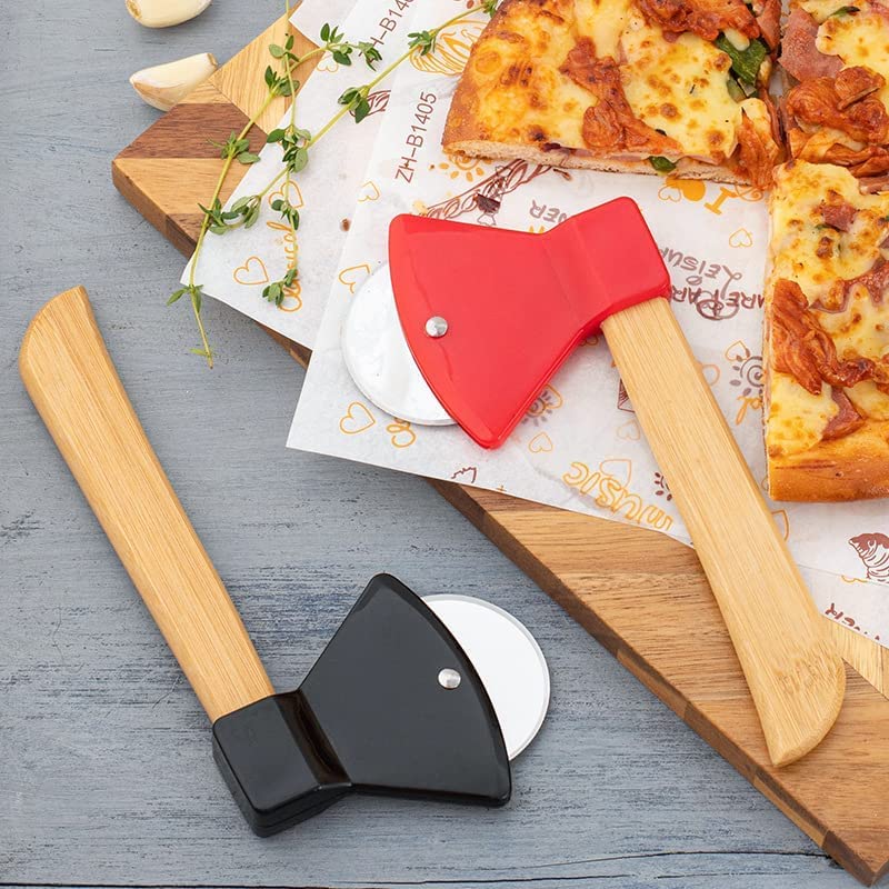 Ahoo Axe Pizza Cutter with Bamboo Handle Sharp Rotating Blade for Pizza, Bread and Cakes Dishwasher Safe (Black)