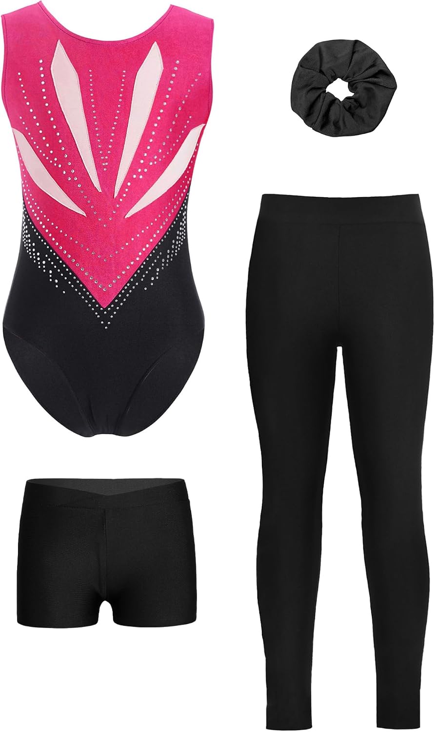 JEYPINMI Girls 4Pcs Gymnastics Leotard Rhinestone Bowknot Cutout Back Shorts Leggings