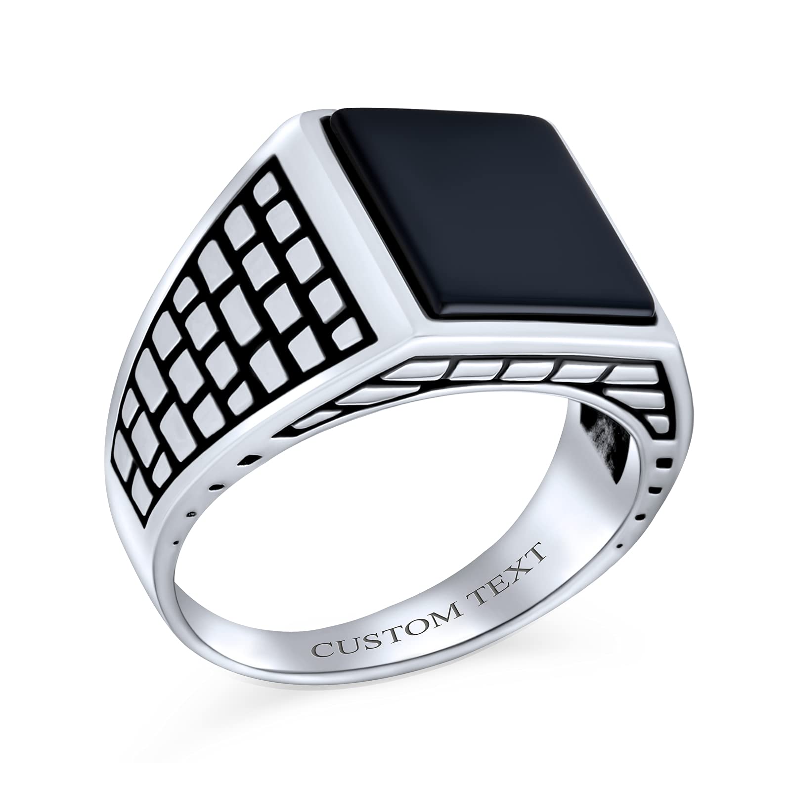 Personaliza anillo sello rectangular para hombre de piedra preciosa ónix negro con acento de ladrillo de piedra clásica retro elegante plata de ley .925 fuertemente oxidada hecho a mano en Turquía