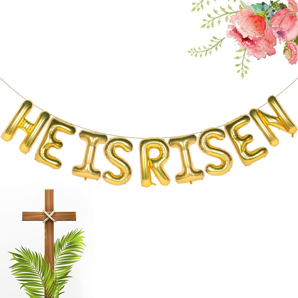 He is Risen Gold Letter Balloons, Large 16 Inch Easter Decorations Aluminum Balloon Banner for Spring Party Supplies, Religious Garland for Mantle