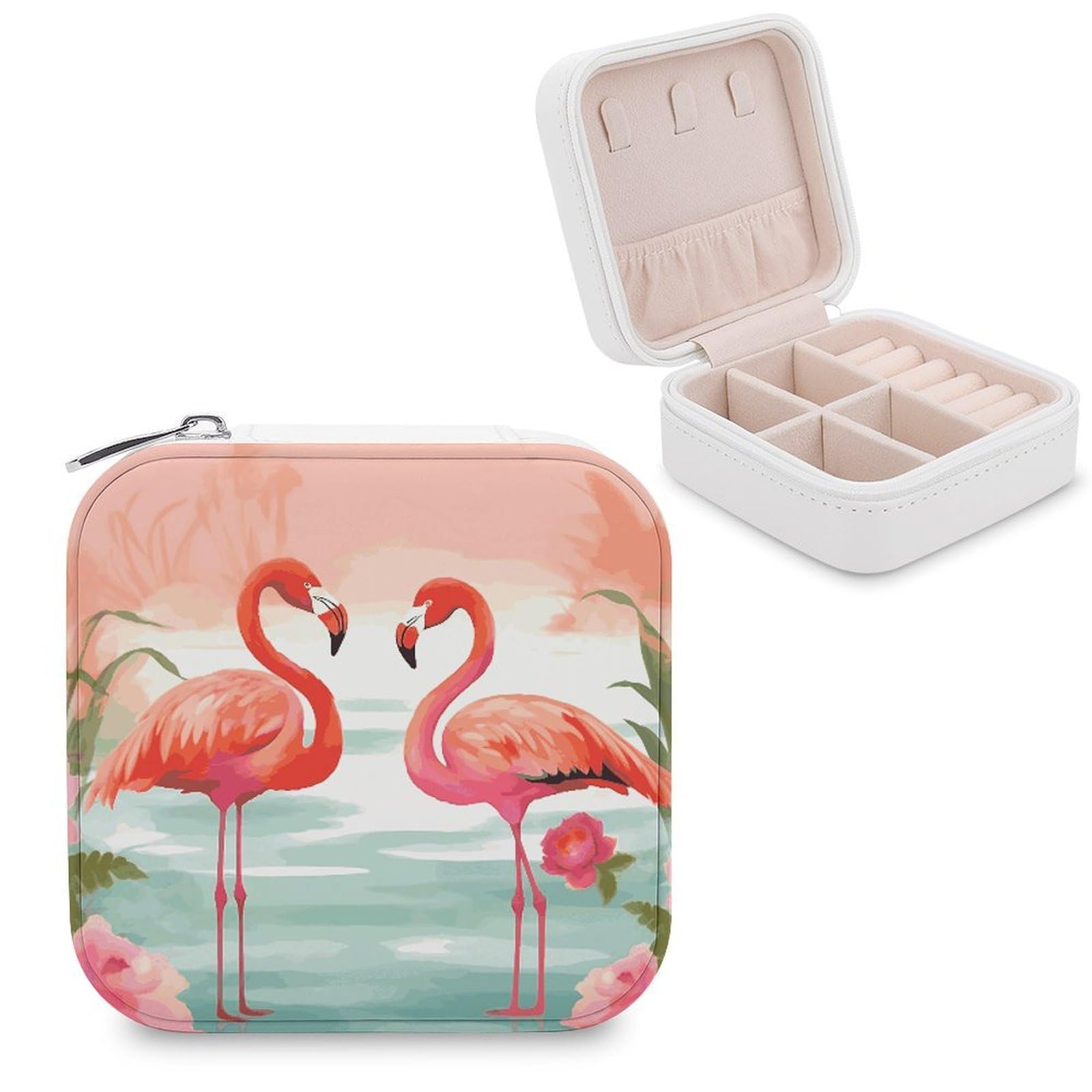 FekiLoot Two Red Flamingos Jewelry Box Custom Jewelry Travel Case Pu Leather Trinket Organizer Box to Organize Ring Pendant Earring Small Portable Jewelry Storage Holder for Women