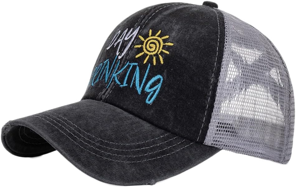 Billed Hat Day Drinking Ponytail Cap Sayings Ponycap Mesh Trucker Hat Safe CCC Distressed Baseball Hat for Dad Hat Gift (Black)