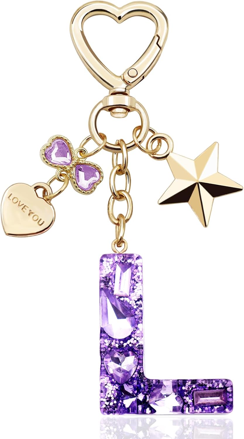Glitter Initial Letter Keychain Gift for Women Cute Pink Resin Keychains for Bag