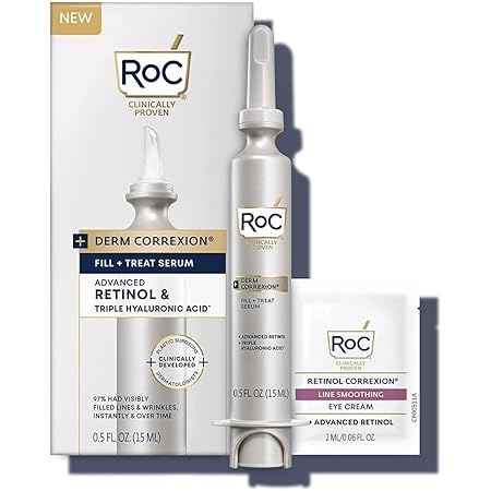 RoC Derm Correxion Fill + Treat Advanced Retinol Serum, Wrinkle Filler Treatment with Hyaluronic Acid for Forehead Wrinkles, Crow's Feet, Eleven Wrinkles, and Laugh Lines, 15ml