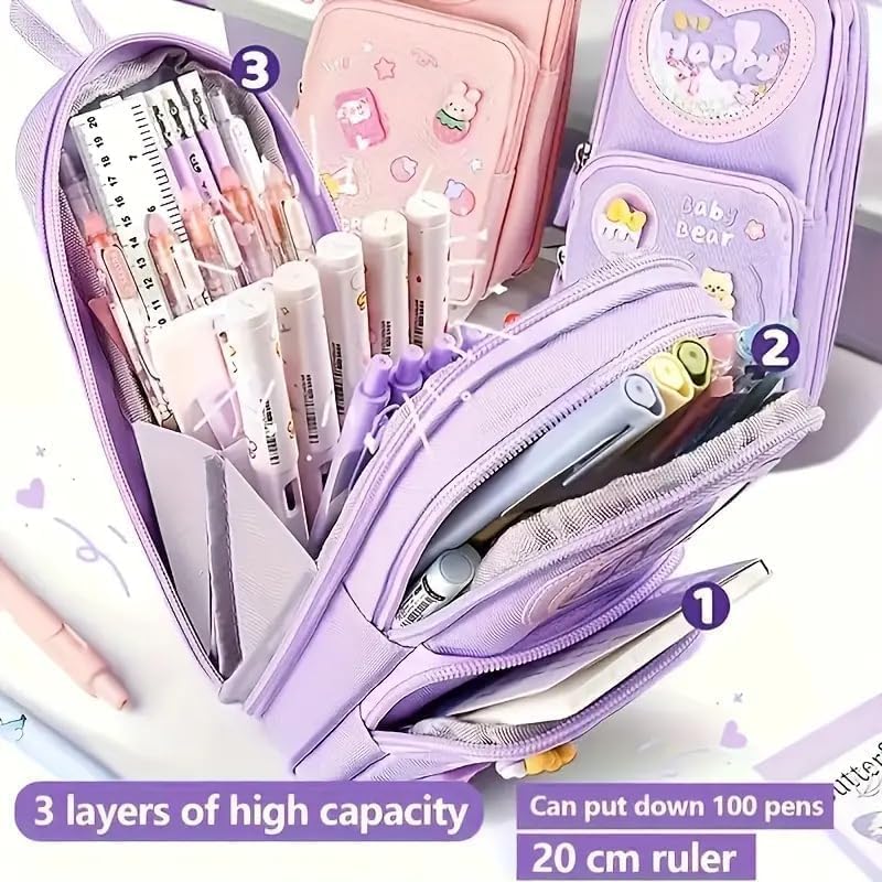 Image of Three Layer School Bag-Shaped Pencil Pouch, Large-Capacity Pencil Pouch with Zipper, Multipurpose Pen & Pencil Case for School Supplies for Boys & Girls (Pack of 1) (Pink Bunny)