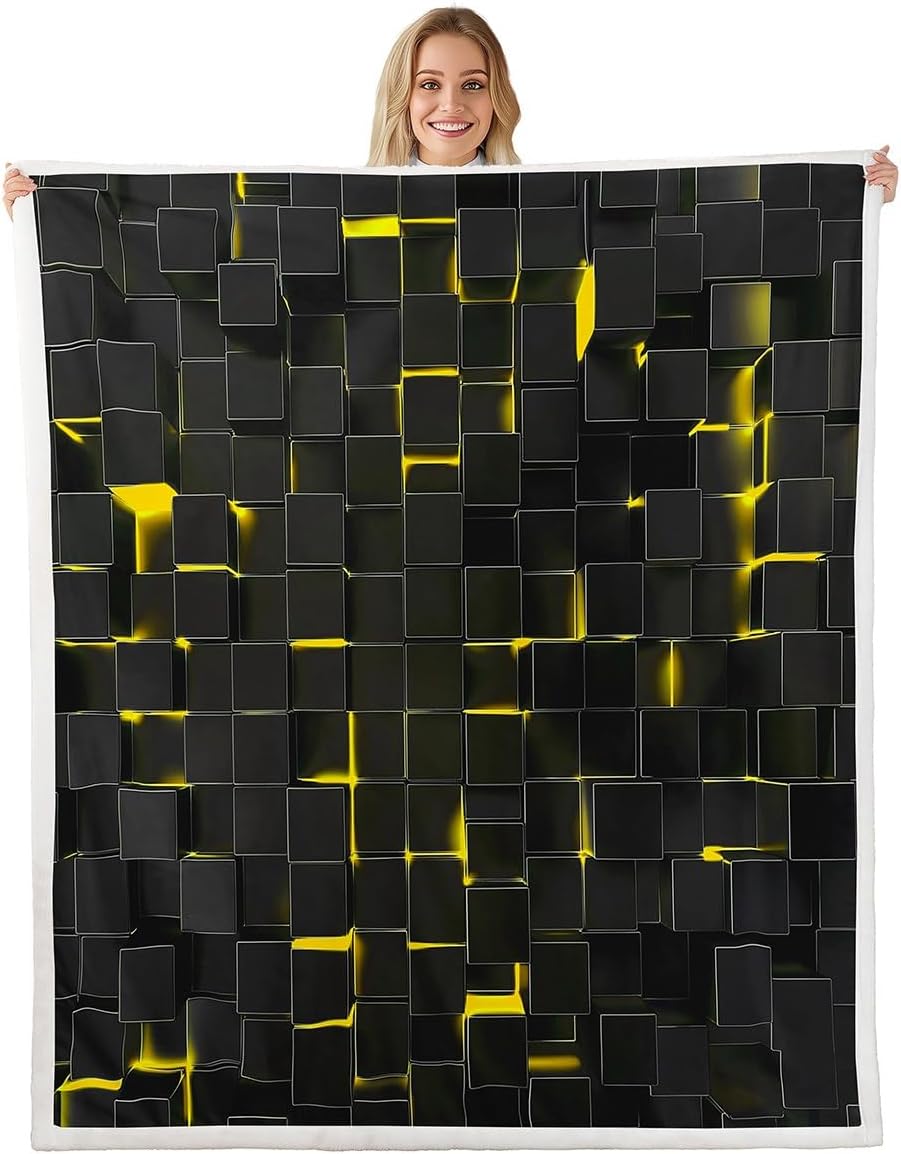 Erosebridal Grey Yellow Painting Queen 90"X90" Throw Blanket for Kids Youth Adult Modern Abstract Art Fleece Bed Blankets Graffiti Oil Painting Sherpa Blankets Grunge Ombre Fuzzy Blanket