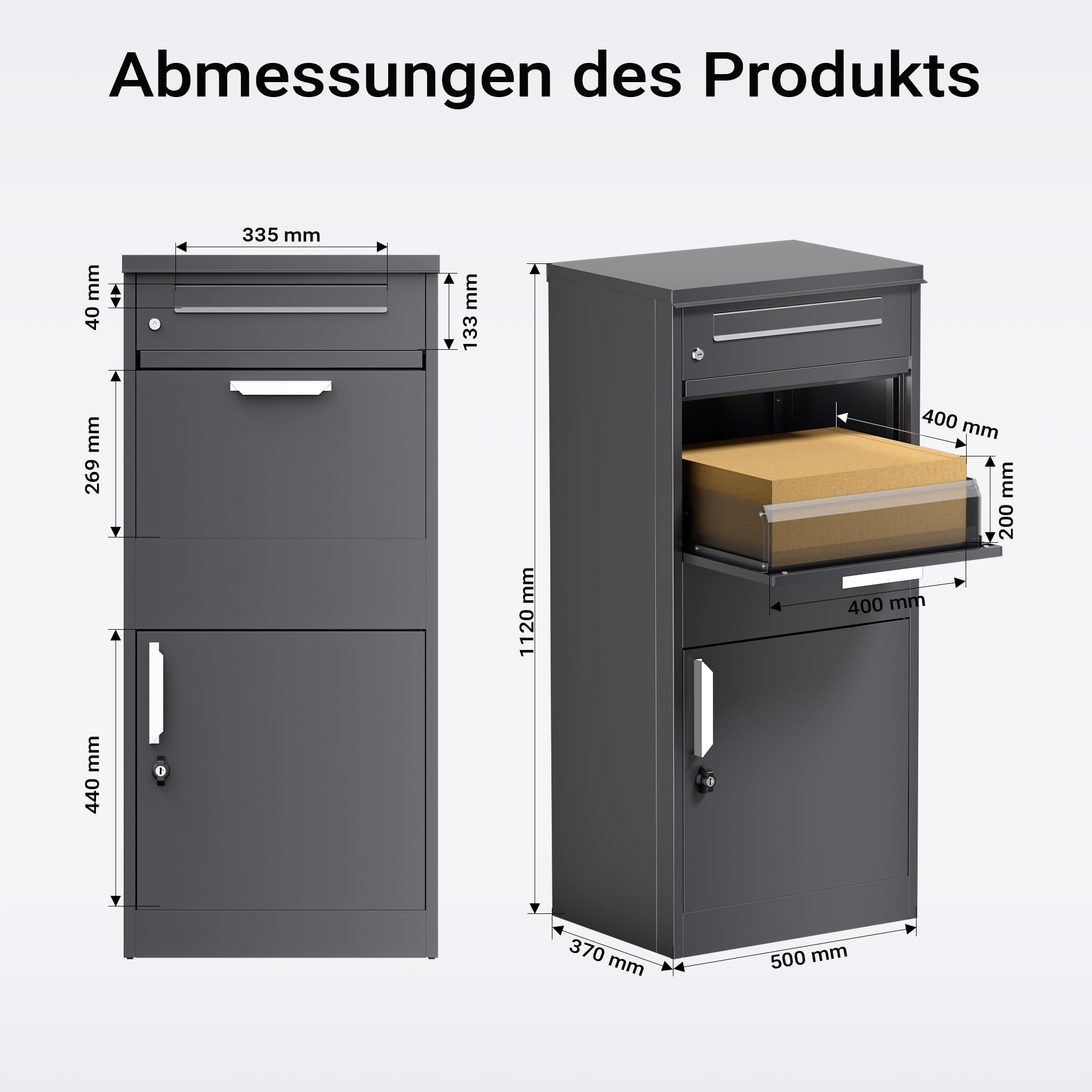 Paketkasten Anthrazit 500 x 370 x 1120 mm, Paketbox Zuhause, Private Paketannahme passend für Pakete und Päckchen, Standbriefkasten Stahl