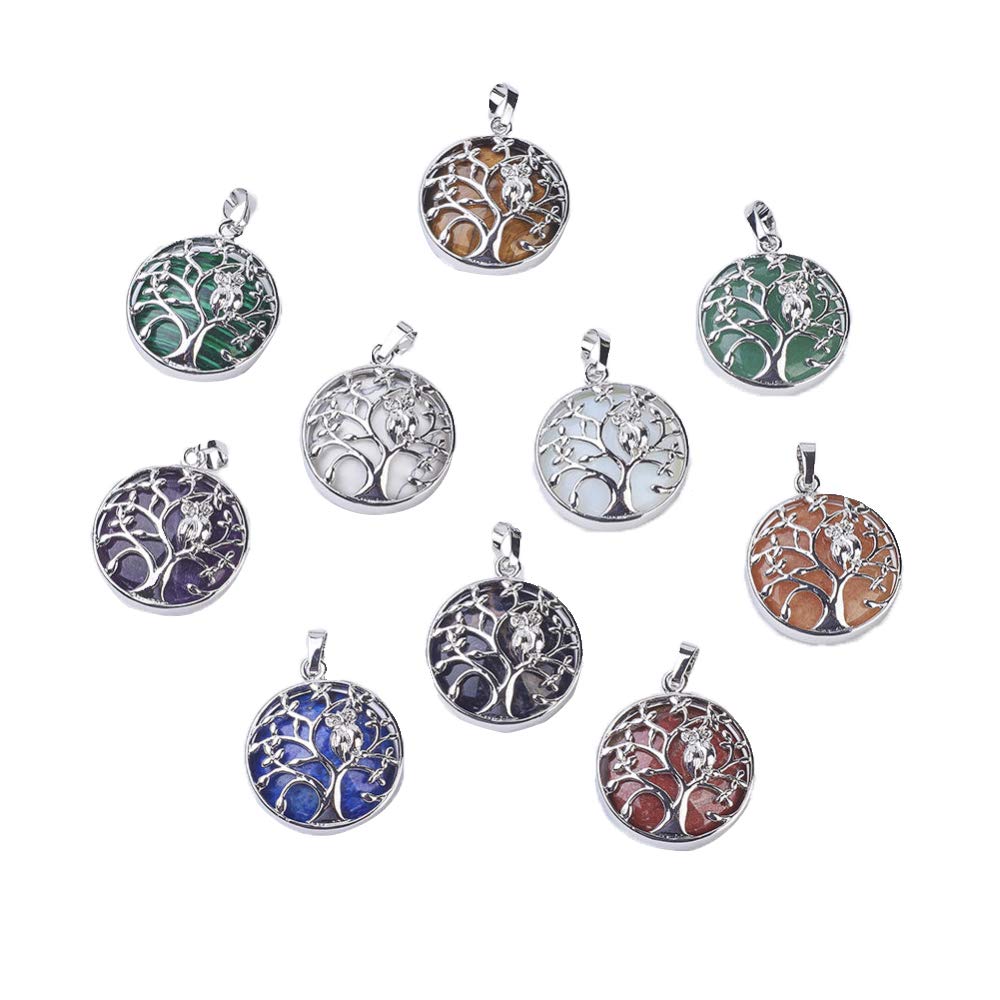 Airssory 10 Pcs Assorted Gemstone Filligree Cage Pendants with Brass Findings Flat Round with Tree of Life Owl Stone Charms Bulk for Jewelry Necklace Earrings Making - 31~32mm