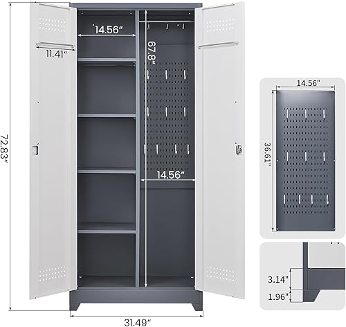 Miniatura 3 de GREATMEET Armario de almacenamiento de garaje con puertas de bloqueo, gabinete de almacenamiento de metal con barra para colgar, armario de