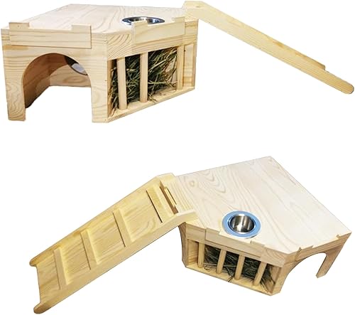 Miniatura 6 de Hamiledyi Estante de heno de madera para conejillos de indias, estante de heno de madera natural, soporte de heno de gran capacidad, doble