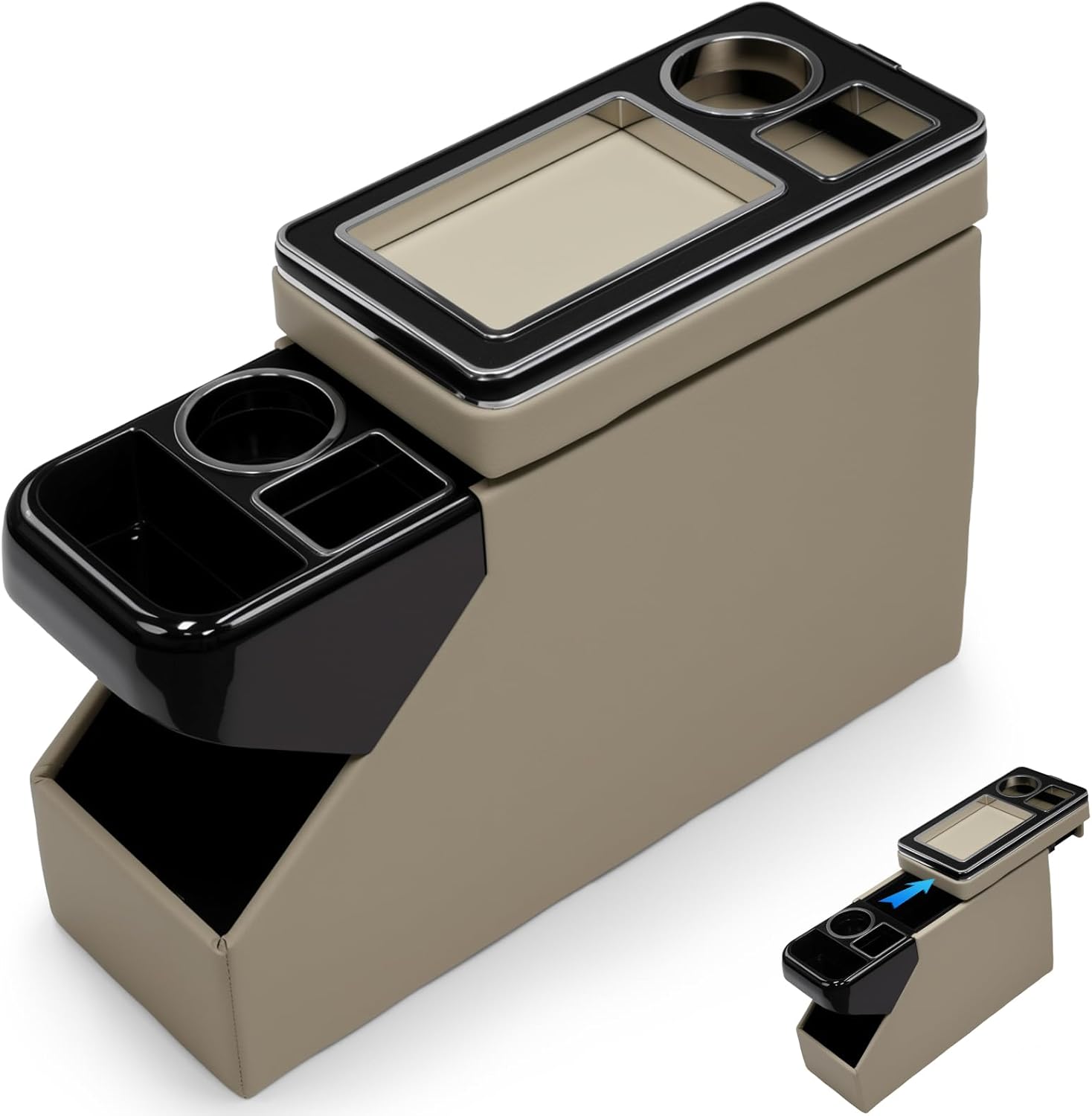 Center Console Between Seat Organizer for Minivans, SUVs, with Key Holder & Cup Holders,Phone Storage for Minivan &SUVs, Middle Van Floor Console Organizer Storage Box- Beige