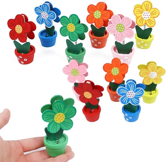 Creative Wooden Base Photo Holder - Cartoon Flower Pot Table Name Number Holder Party Decoration Card Holders Picture Memo Note Photo Clip Holder (12 Pack)