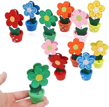Creative Wooden Base Photo Holder - Cartoon Flower Pot Table Name Number Holder Party Decoration Card Holders Picture Memo Note Photo Clip Holder (12 Pack)