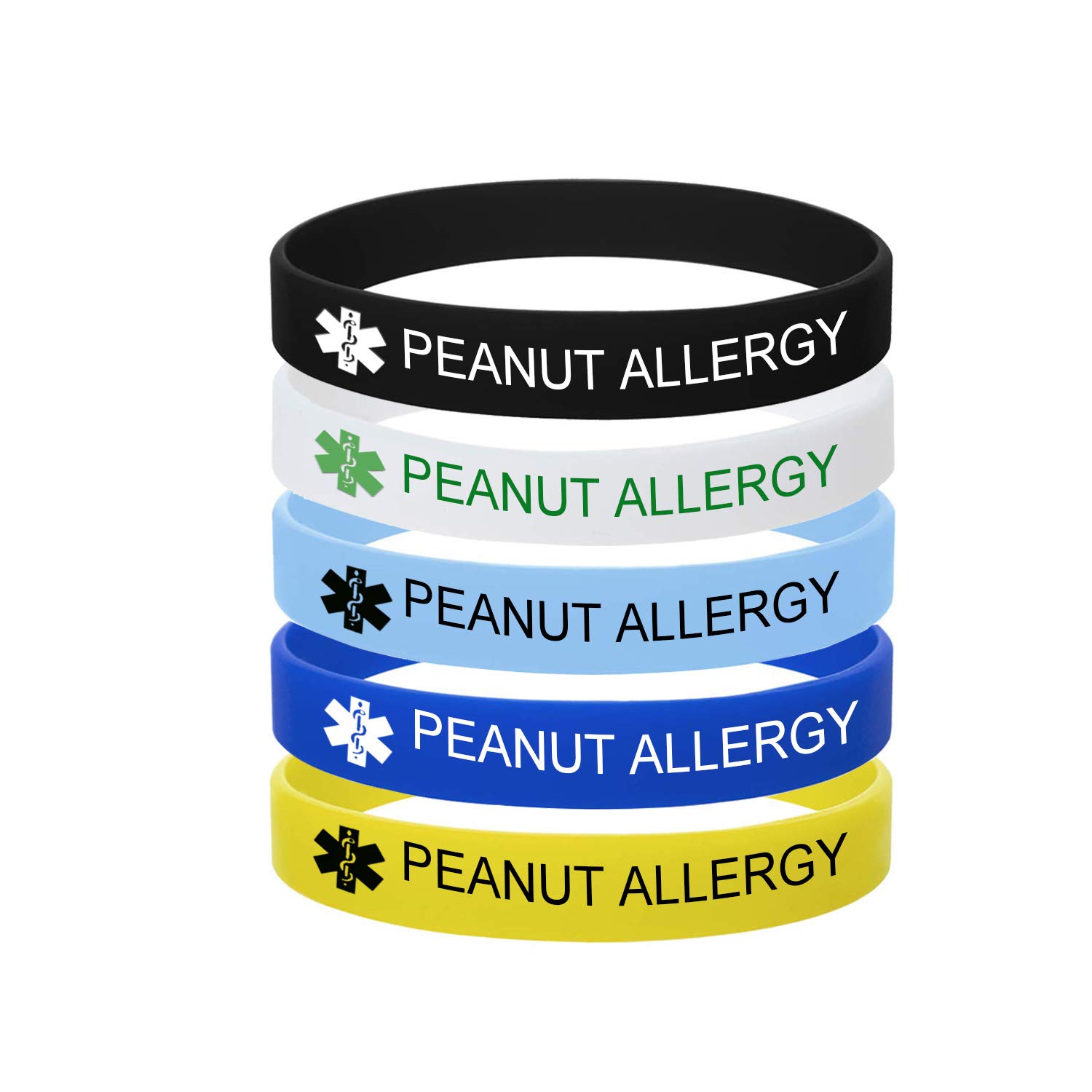 5 Color Pack-Personalized Engraved Medical Alert ID Jewelry Food Drug Allergy Bracelets,100% Silicone Rubber ID Survivor Bracelet Band,Emergency Contact Bracelet,Diabetes Bracelet,5.5"-7.9"