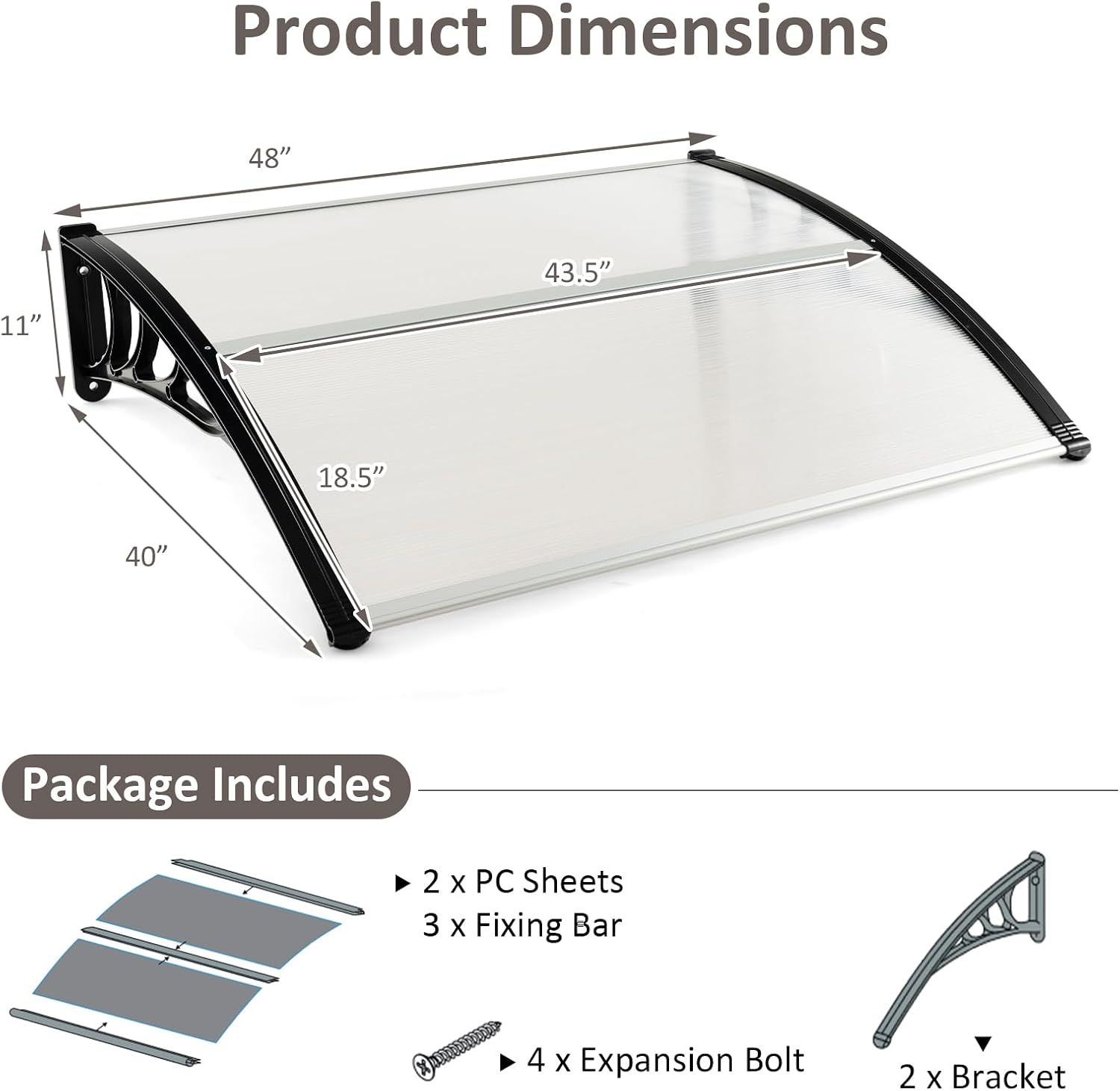 Goplus Awnings for Doors, 48" x 40" Window Awning with Rain Snow Sunlight UV Protection, UPF 50+,Hollow Sheet, Outdoor Overhead Awning Canopy Exterior, Polycarbonate Awnings for Patio, Porch, Deck