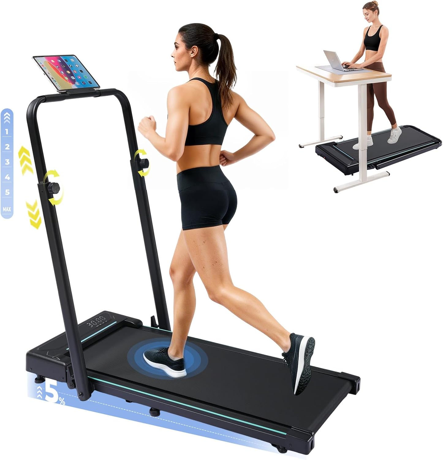 GORISE Walking Pad Treadmill with Adjustable Height Handle Bar, 3HP Quiet Foldable Under Desk Treadmill, Portable Treadmills for Home 350LBS with Remote Control LED Display