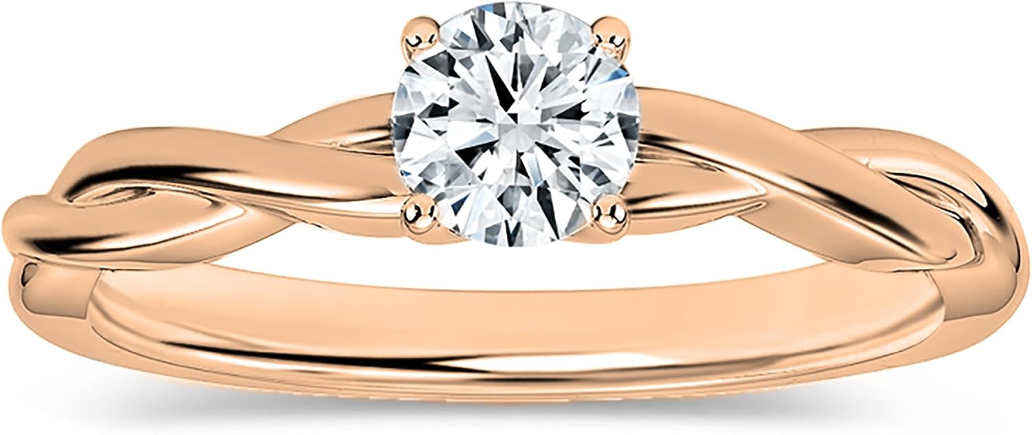 0.25 Carat Round Lab Grown White Diamond Solitaire Intertwined Strands Engagement Ring for Women in 14K Solid Gold
