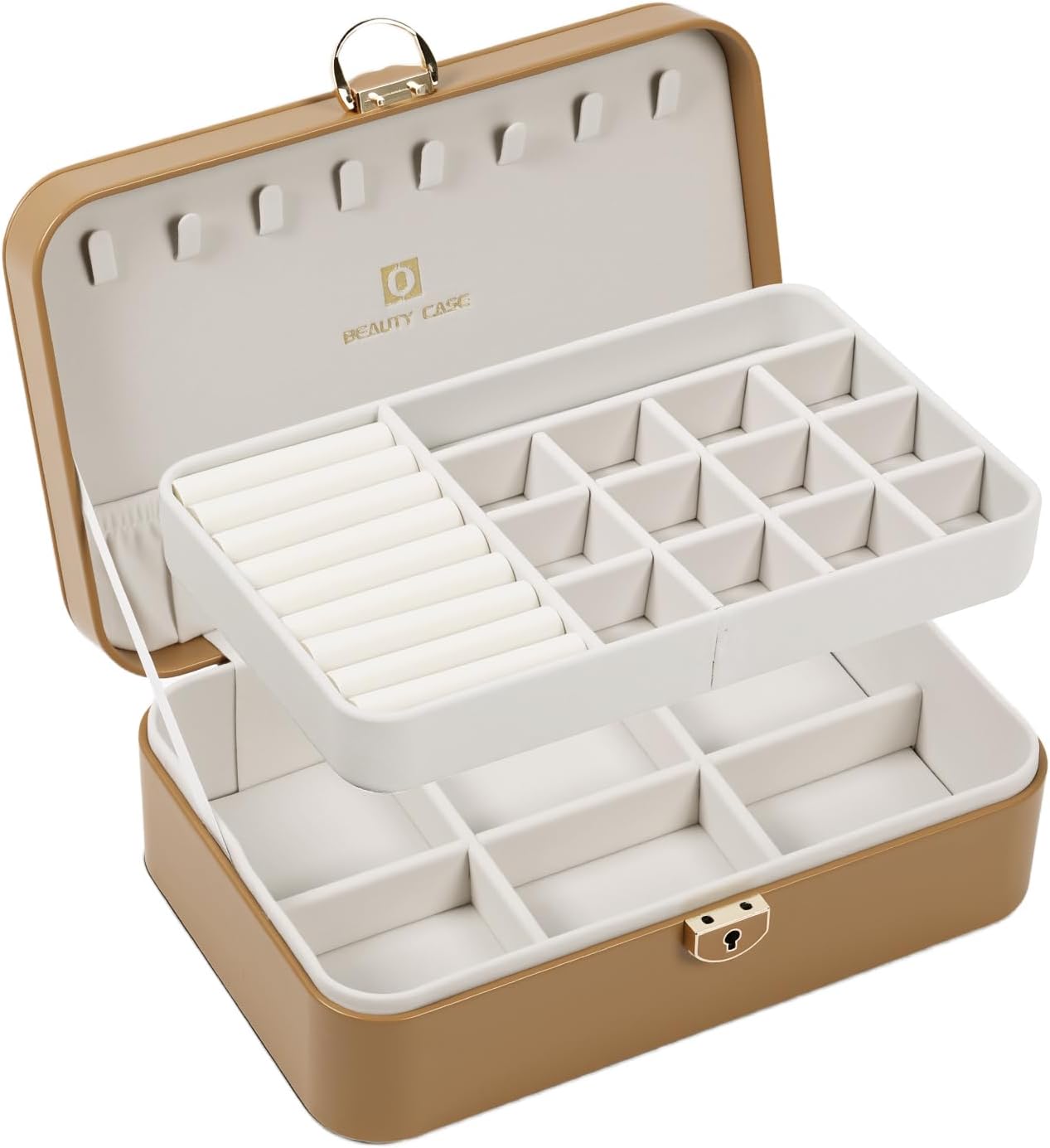BEAUTY CASE Jewelry Box Organizer for Women Girls, 2 Layer Large Jewelry Storage Case, PU Leather Display Jewelry Holder with Removable Tray for Necklace Earrings Rings Bracelets,Brown