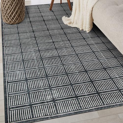 Rugshop Bohemian Stripe Lines Washable Non Slip Area Rug 3' x 5' Black
