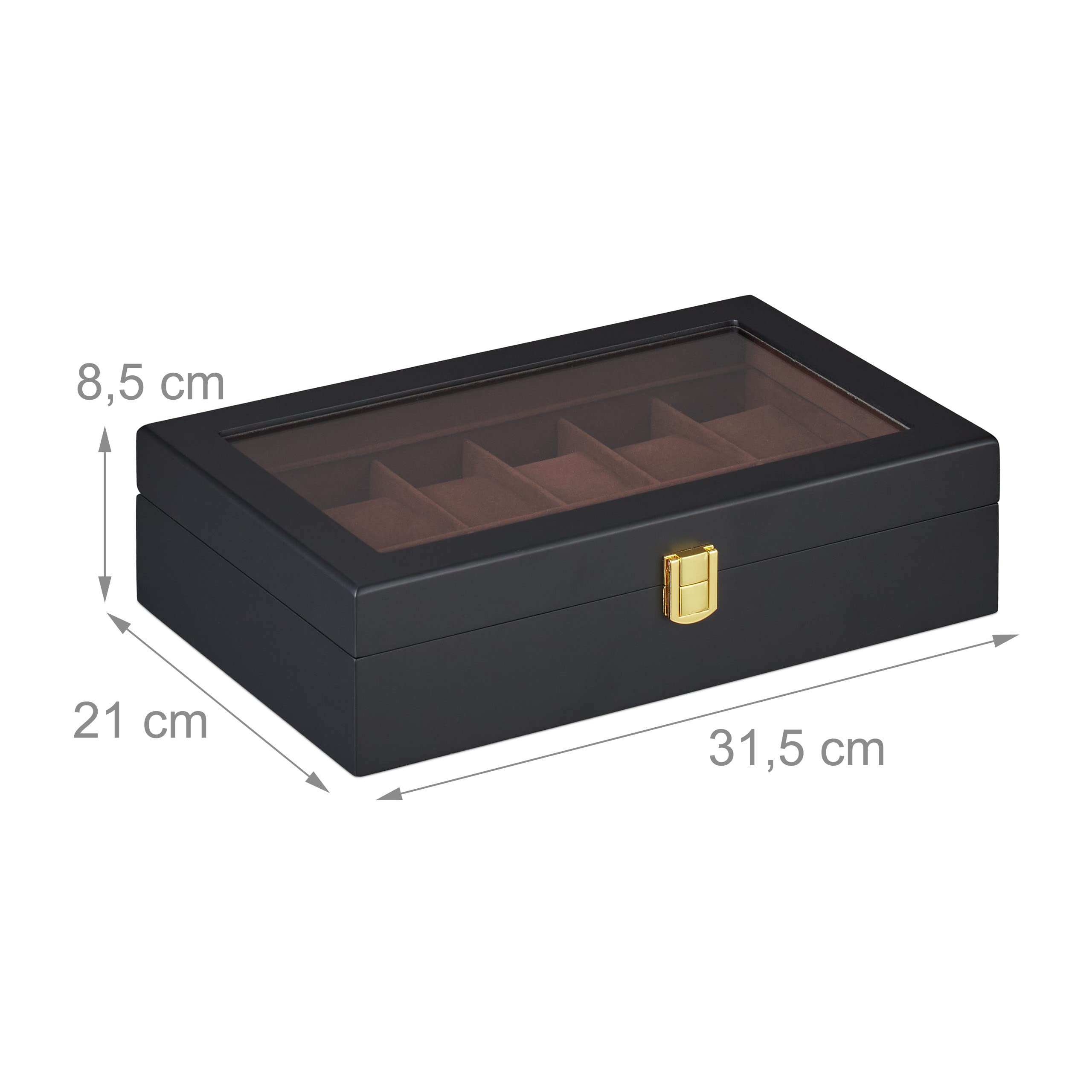 Relaxdays Porta Orologi, 12 Scomparti, Finestrella in Vetro, Cuscini in Velluto, 8,5x31,5x21 cm, Cofanetto, Nero Marrone
