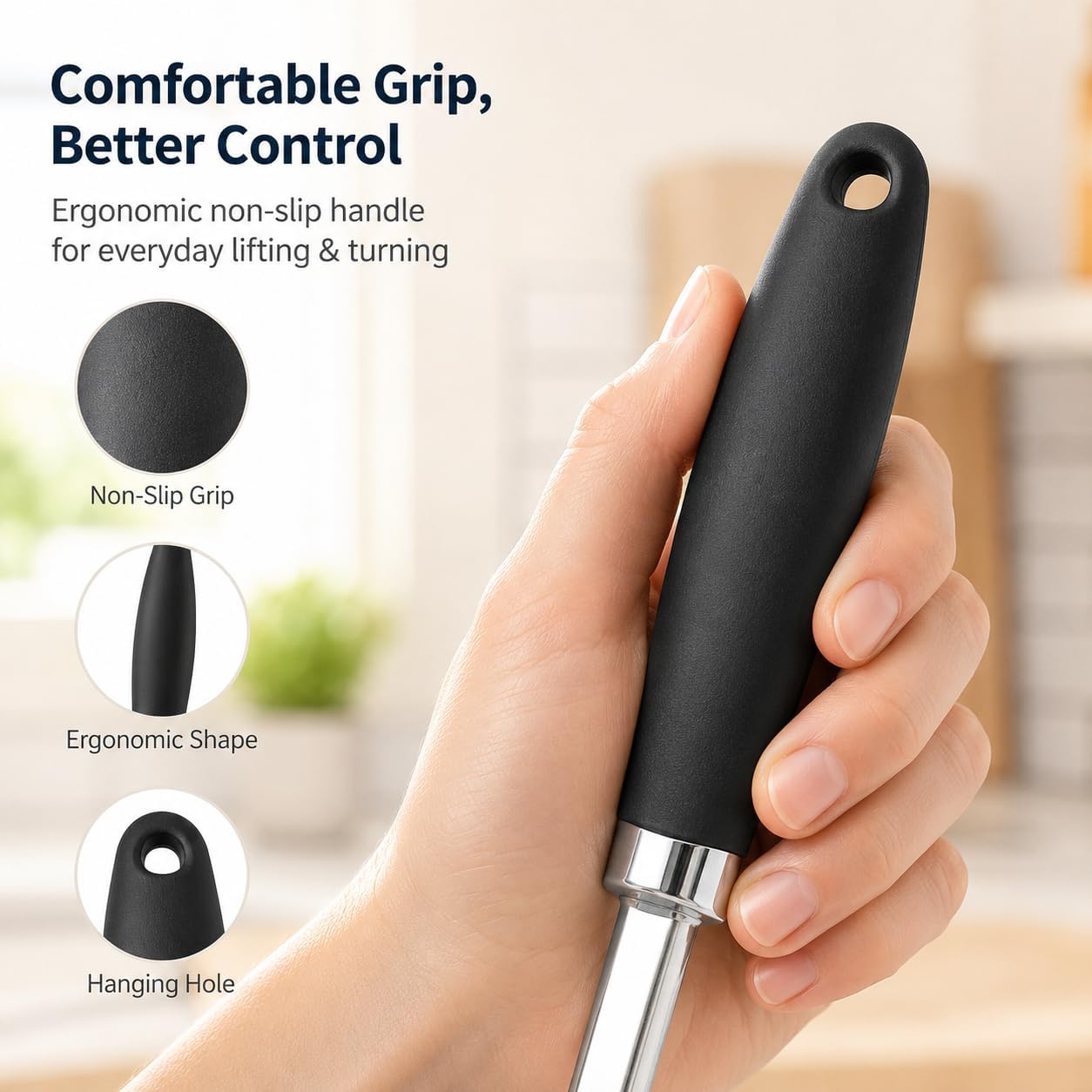 304 Stainless Steel Fish Spatula, Thin Flexible Slotted Fish Turner with Non-Slip Ergonomic Handle, Metal Spatula for Fish, Eggs, Burgers, Cast Iron & Griddle, Black