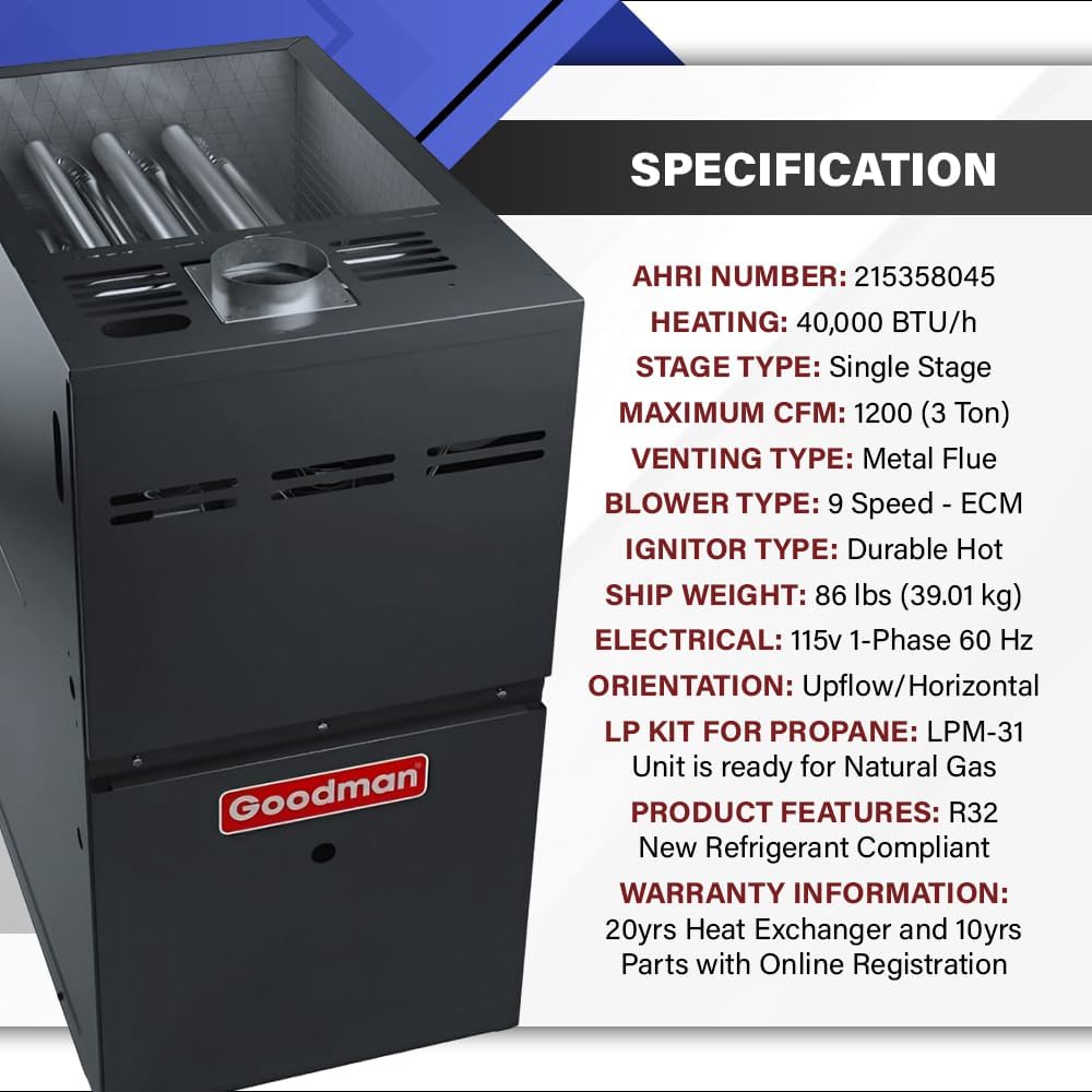 Goodman 80% 40,000 BTU Single Stage Gas Furnace with LP Kits - 14" Width - Upflow/Horizontal | R32, 9-Speed, HVAC Gas Heater