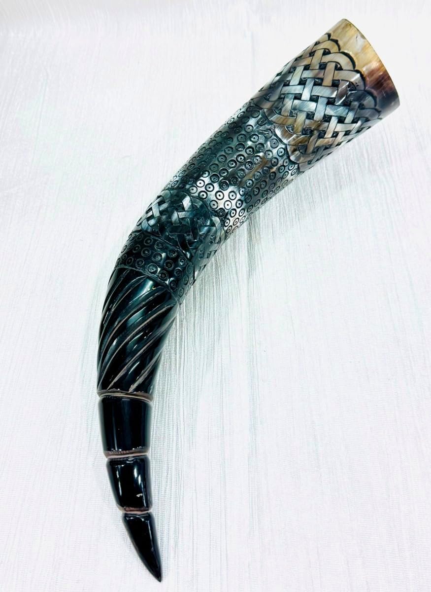 Royal Large Handmade Carved Drinking Vikings Style Horn mug Viking Real Horn Natural Black Viking Drinking Cup (Black)