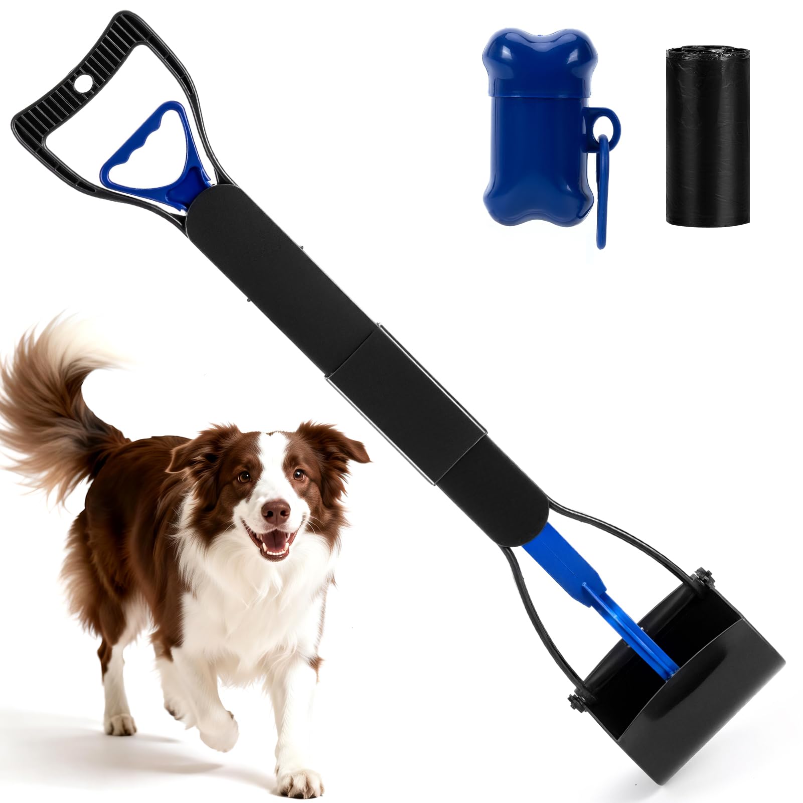 Greatbond Pooper Scooper, 80cm Long Handle Dog Poop Scooper for Large Medium Small Dogs, Durable Spring and High Strength Material Foldable Waste Pickup Tool for Easy Grass and Gravel Pick Up, Blue