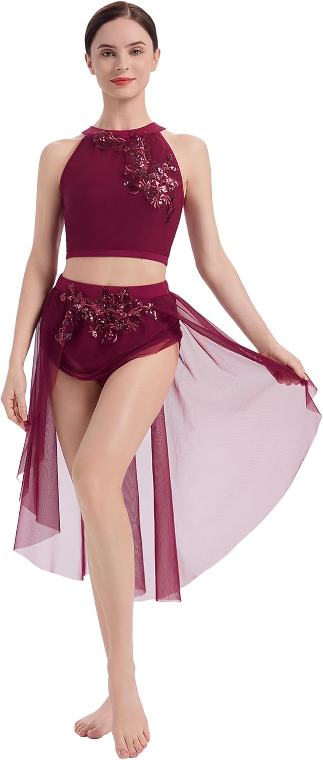 AFAVOM Lyrical Dance Costumes for Women Sequin Flower Lyrical Dress Crop Top + Flowy Mesh Tulle Skirt Contemporary Dancewear