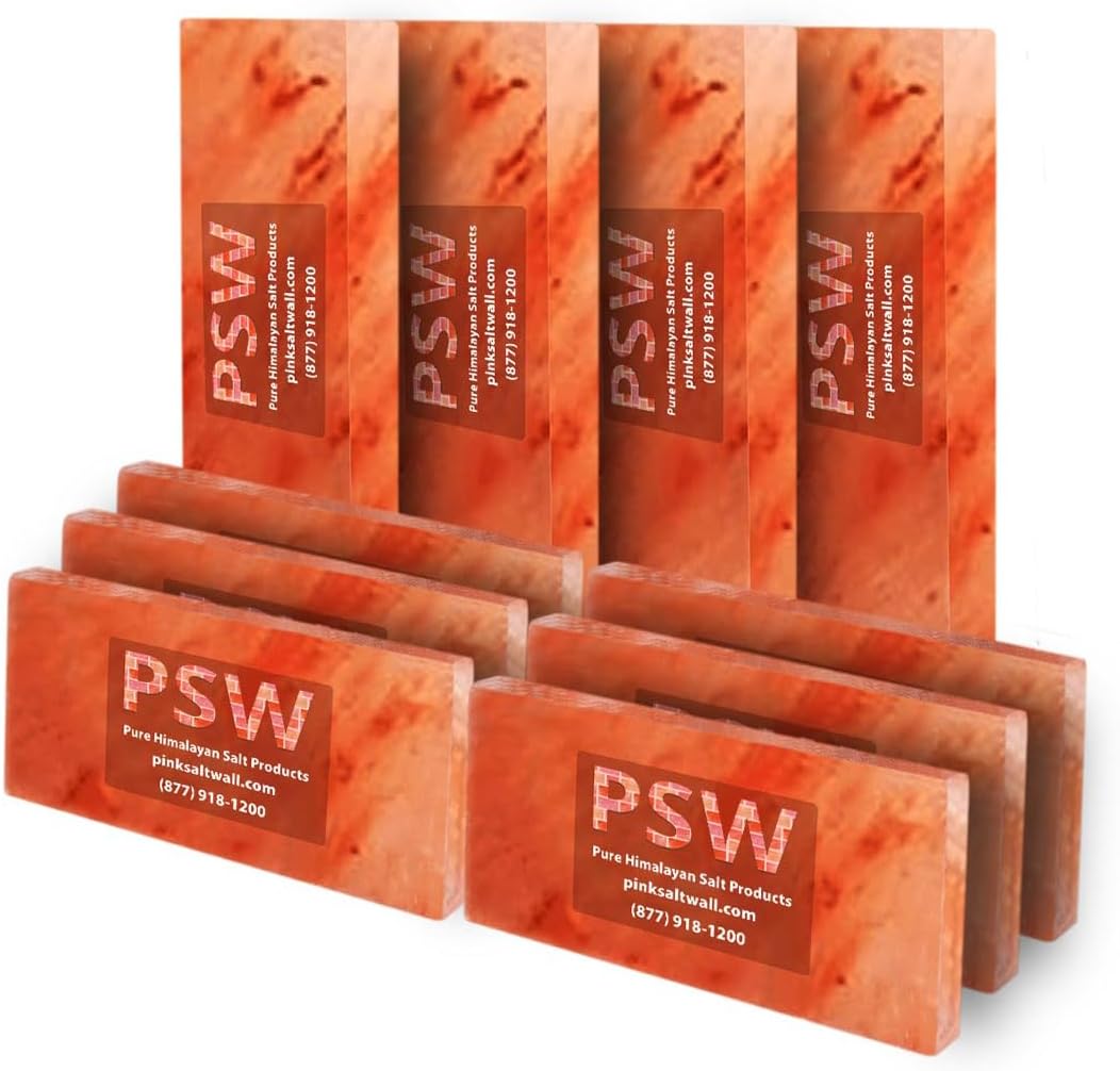 PSB Himalayan Pink Salt Tiles 8"x4"x1" for Spa, Sauna | Salt Bricks for Wall, Pack of 10 Blocks of 2.9 lbs for Home Decor