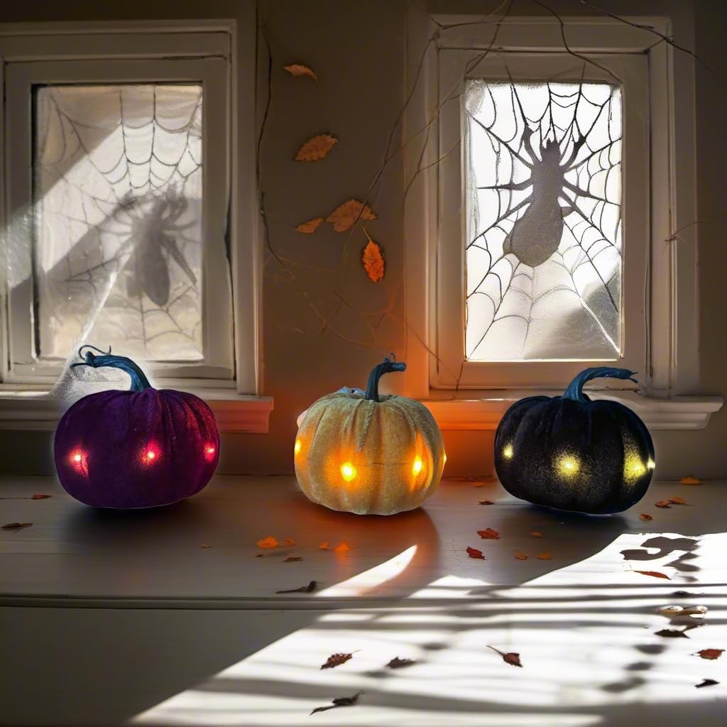 Flocked LED Pumpkin Decor Set for Halloween (3-Pack) - Soft-Touch Lighted Pumpkins for Indoor & Outdoor Holiday Display, Battery Operated(not Included