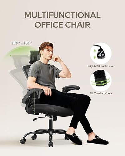 Miniatura 7 de Silla de oficina de malla con soporte lumbar, respaldo alto, reposabrazos abatibles y reposacabezas grande 3D, cómoda silla de escritorio para