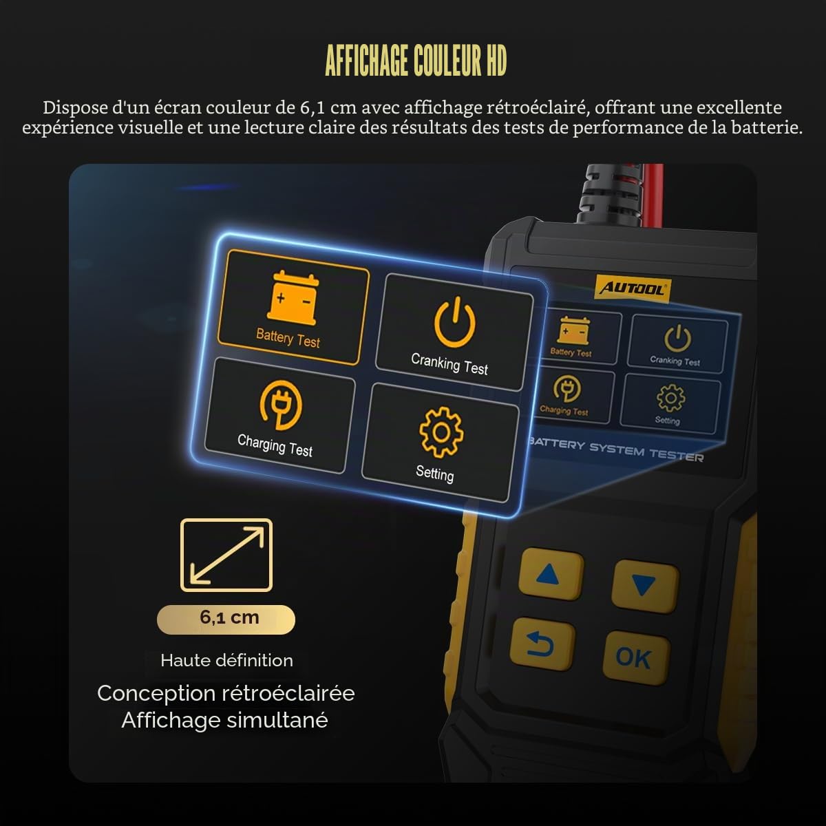 AUTOOL BT360 Testeur de batterie de voiture 12 V 24 V 30-2000 CCA Testeur de batterie de voiture Analyseur de système de charge et de chargement pour voitures, motos, camions, bateaux, véhicules