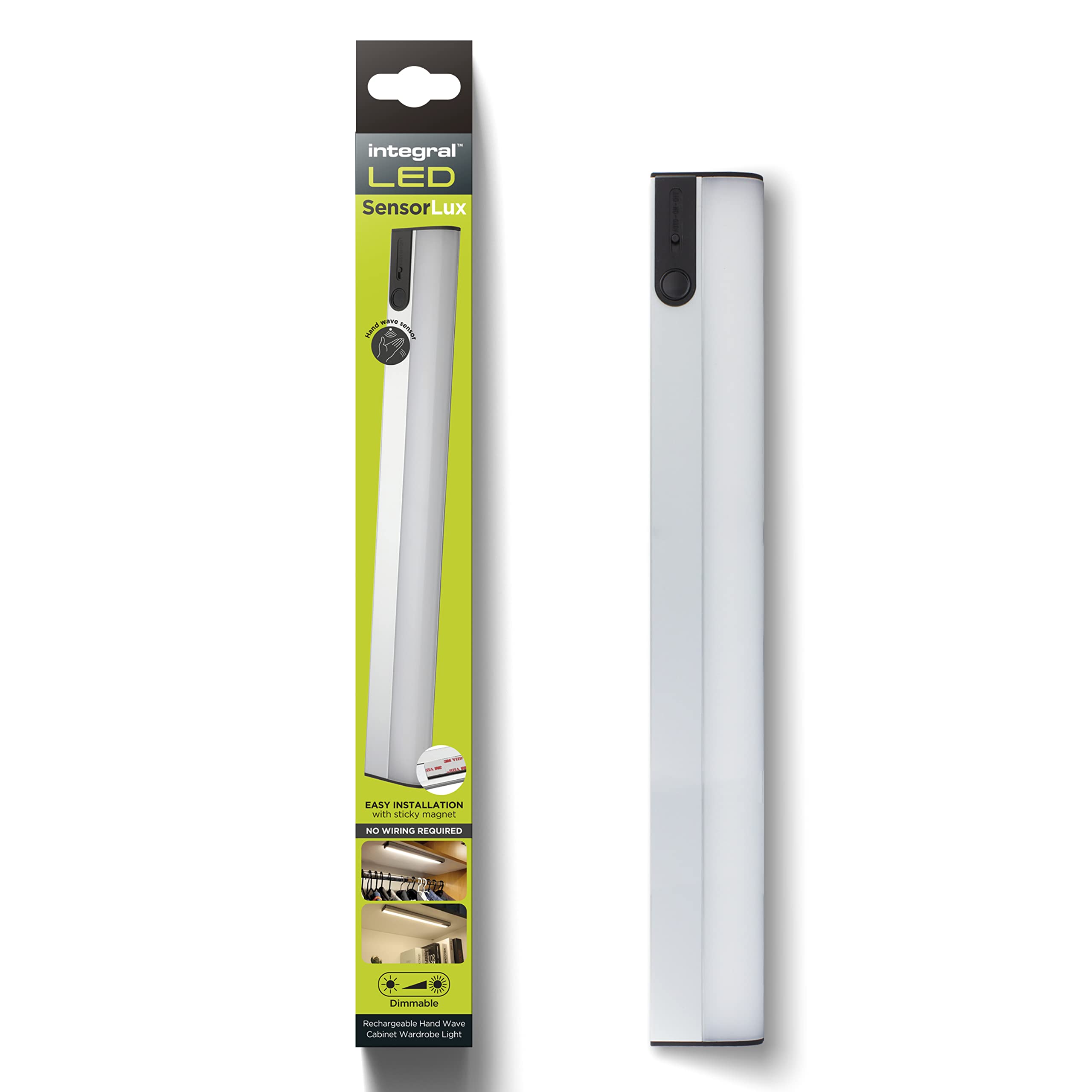 Integral LED SensorLux Warm White Dimmable Motion Detection Under Cabinet & Wardrobe Light with Magnetic Strip – Aluminium Construction, Rechargeable 1600mAh Battery & Easy to Install
