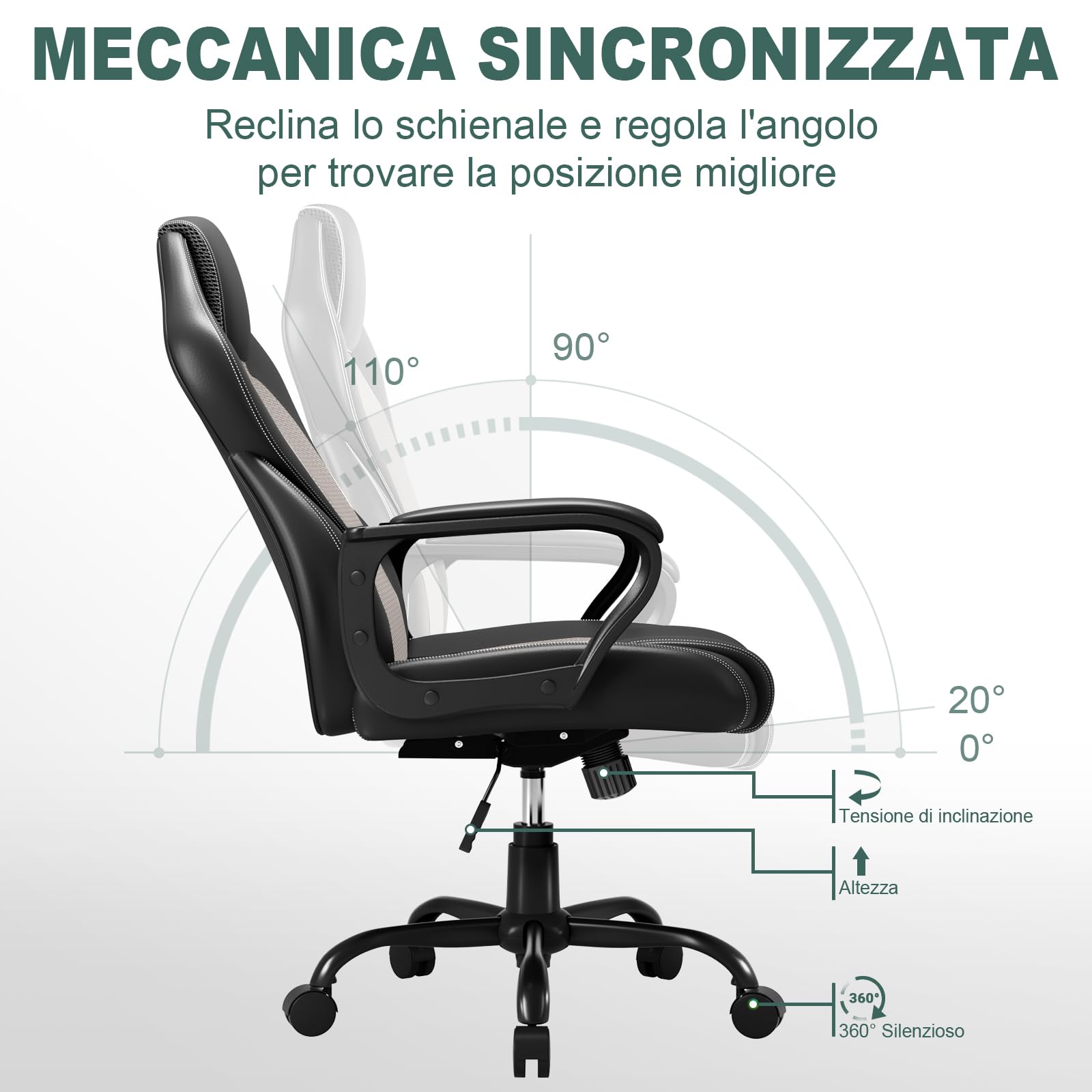 BASETBL Sedia Ufficio Ergonomica Sedia da Ufficio Direzionale in Pelle Altezza Regolabile Sedia Gaming Sedia da Scrivania a Rotelle Girevole Reclinabile Schienale Alto Supporto Lombare Grigio