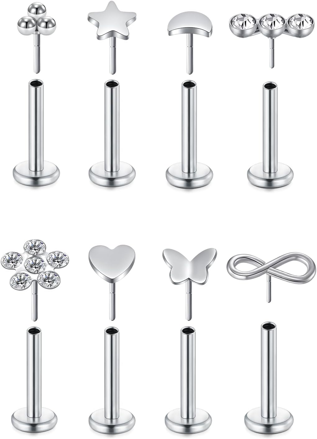 WillTenThreadless Labret Studs Silver, 16G 20g Tragus Piercing Jewellery Stainless Steel with Cubic Zirconia, Nose Stud Lip Bar Cartilage Helix Piercing Jewellery for Women