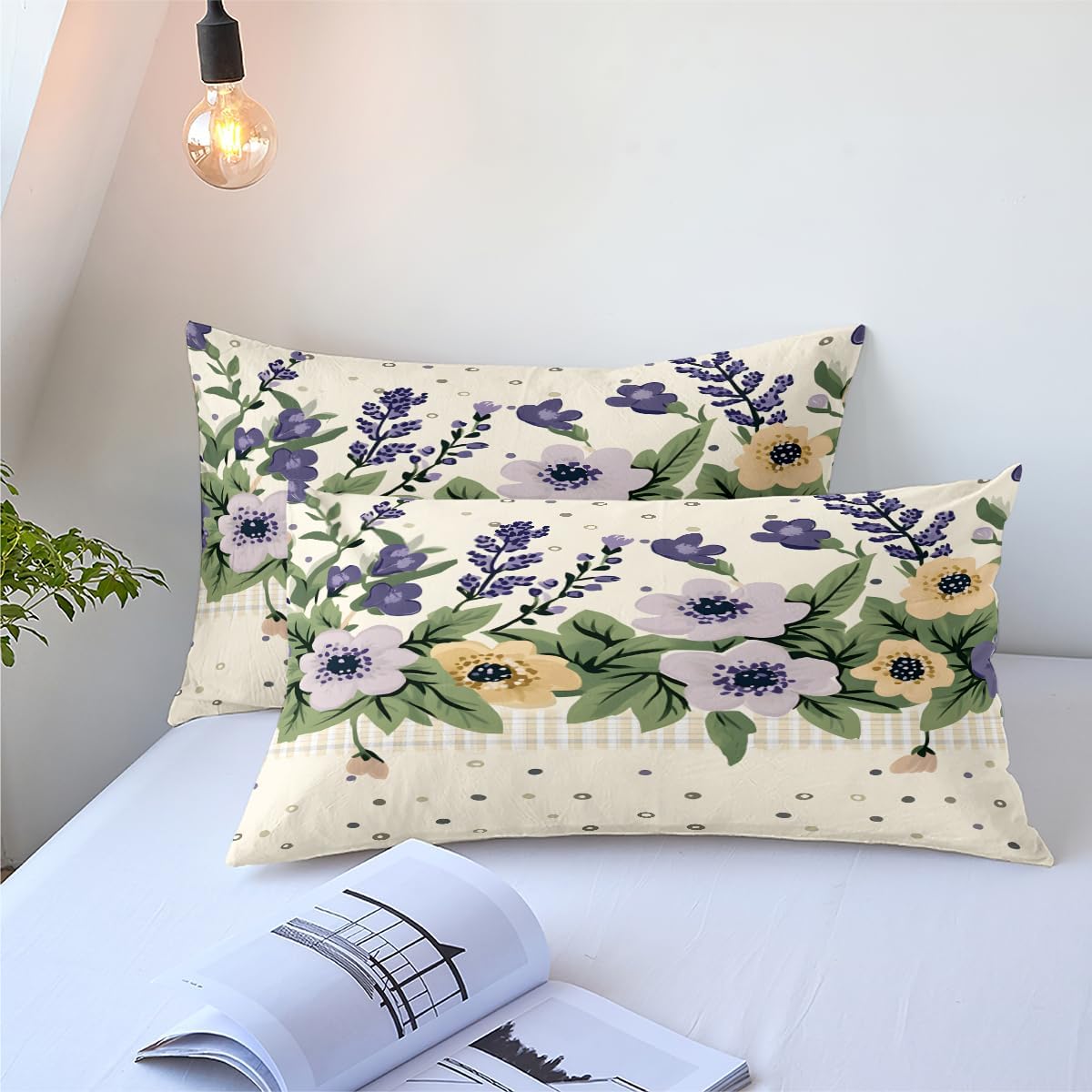 Suncloris Cute Fresh Floral Aesthetic Comforter, Elegant Botanical Flowers Bedding Set, Flower Branches Floral Pattern Quilt Bedroom Decor with 2 Pillow Cases (Yellow, Queen)