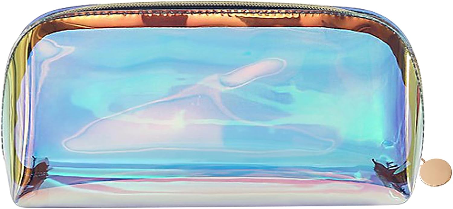 INVODA Holographic Makeup Bag Glitter Iridescent Clutch Bag Mini Cute Cosmetic Bag for Women, Portable Waterproof Clear Handbag for Travel Toiletry Tools Cosmetic Organizer Bag (Style 1 XL)