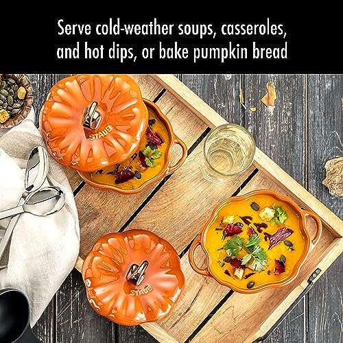 Image of STAUB Ceramic 0.75-qt Petite Pumpkin, Oven & Stove Safe up to 572F, Pumpkin Dish, Baking Candy Burnt Orange