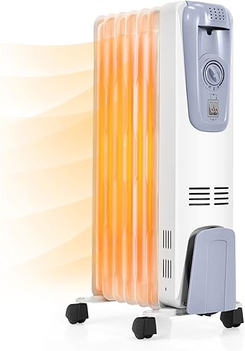 Tangkula Calentador de radiador lleno de aceite, radiador portátil de 1500 W con termostato ajustable, 3 ajustes de calor, protección contra