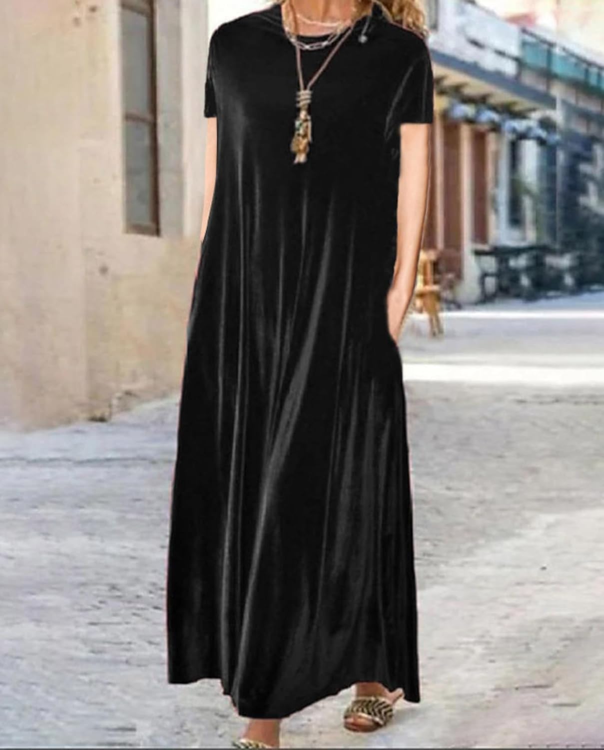 Ladies Velvet Maxi Dress Fall Elegant Cocktail Dress for Woman Loose Flowy Tshirt Long Wedding Guest DressCewneck - Image 2