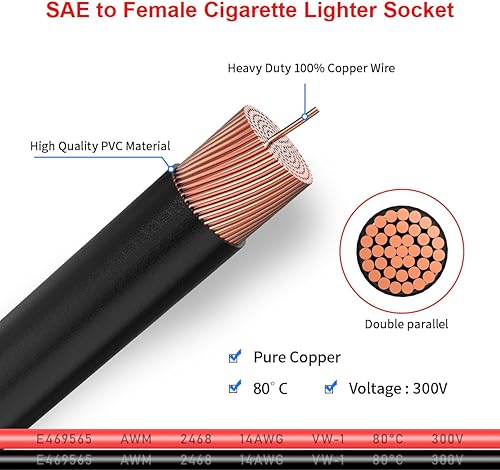 Miniatura 2 de Enchufe de encendedor de cigarrillos SAE de 14 AWG de 5 pies, enchufe de encendedor de cigarrillos hembra de 12 V con adaptador de reverso SAE para