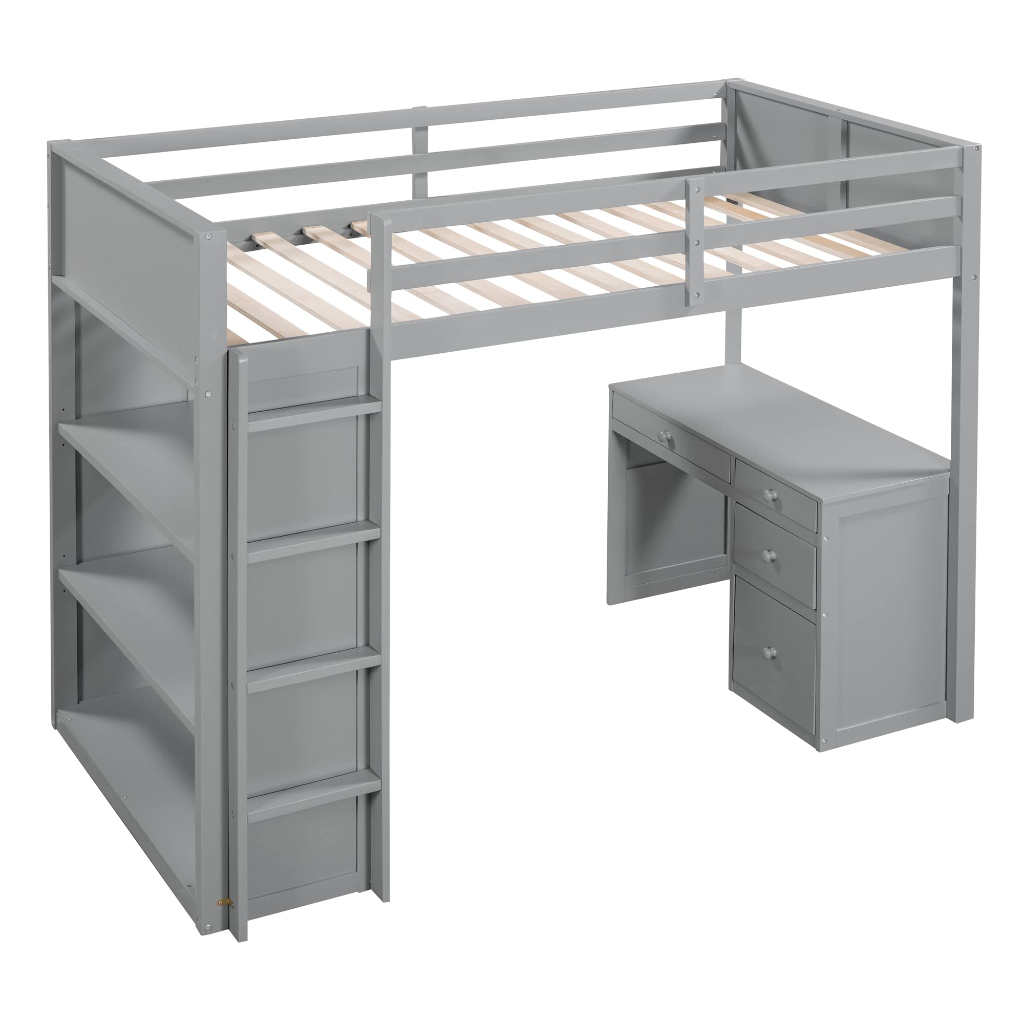 Linique Twin Size Loft Bed with Ladder, Shelves, Solid Wood Loft Bed Frame with 4-Drawers Desk, Box Spring No Required, Grey