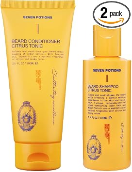 SEVEN POTIONS Beard Shampoo and Beard Conditioner Duo Bundle - Cleanses and Softens Your Beard - Natural, Vegan Beard Wash and Softener - Citrus Tonic 3.4FL OZ