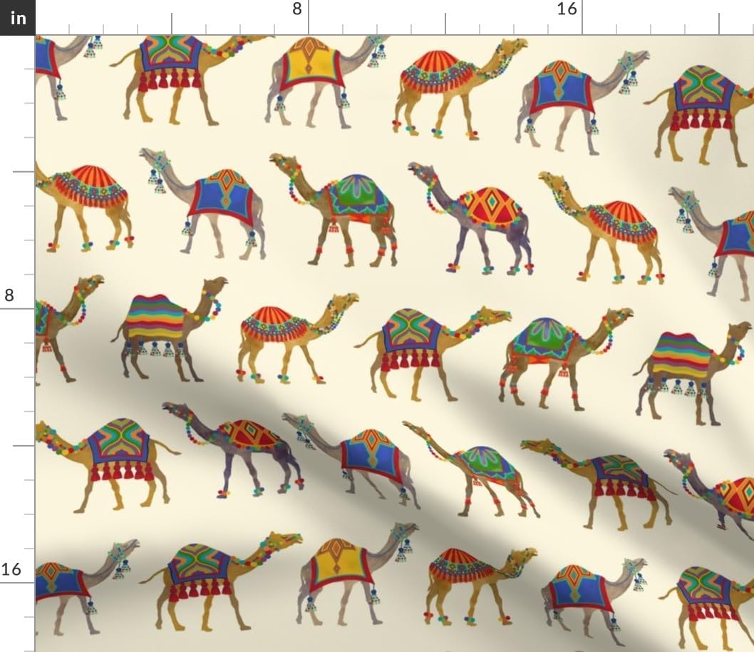 Spoonflower Fabric - Exotic Desert Animal Camel Pom Poms Tassels Whimsical Maximalist Printed on Petal Signature Cotton Fabric by The Yard - Sewing Quilting Apparel Crafts Decor