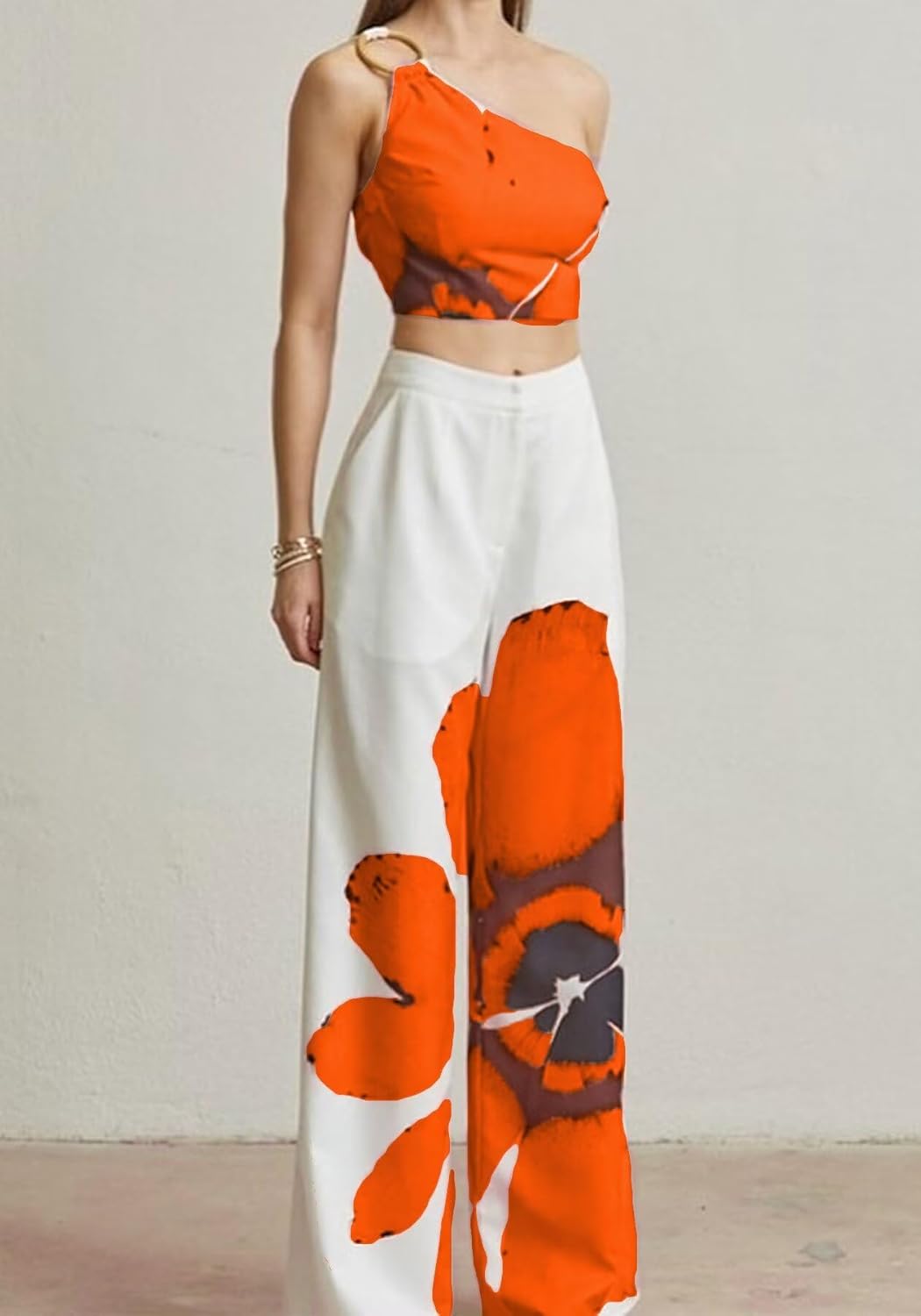 LROSEY Womens Two Piece Outfits Summer Club Birthday Party One Shoulder Crop Top High Waisted Wide Leg Palazzo Pants Sets - Image 4